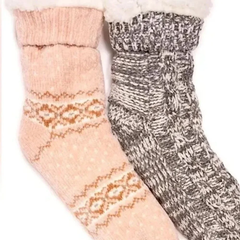 MUK LUKS Women's XL 2 Pack Lined Socks Faux Fur SIZE 8-10 Pink Gray NEW